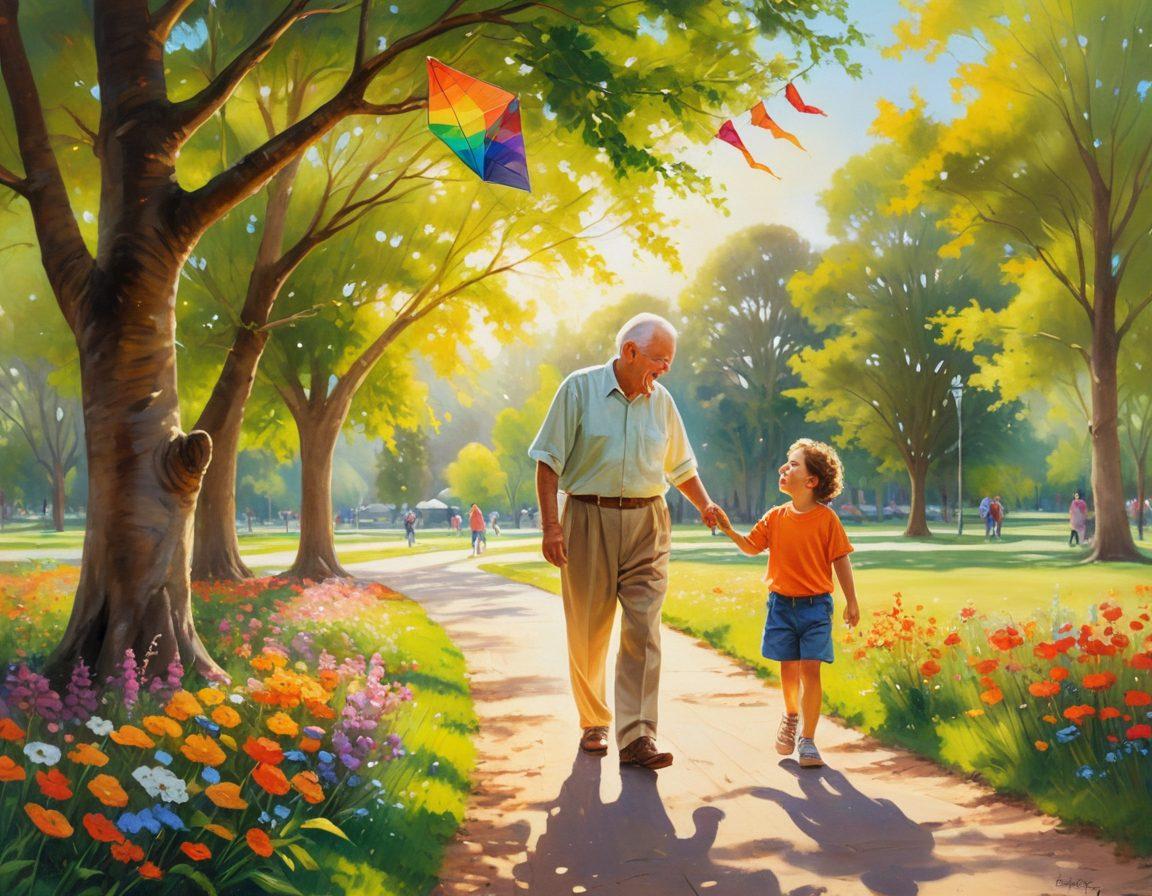 A heartwarming scene depicting a grandfather and grandchild sharing a moment of laughter in a sunlit park, surrounded by lush trees and blooming flowers. The grandfather, with gentle wisdom in his eyes, is teaching the child to fly a colorful kite. Emphasize their joyful expressions and the strong bond between them, showcasing the beauty of connection across generations. impressionistic painting. warm colors. soft focus.