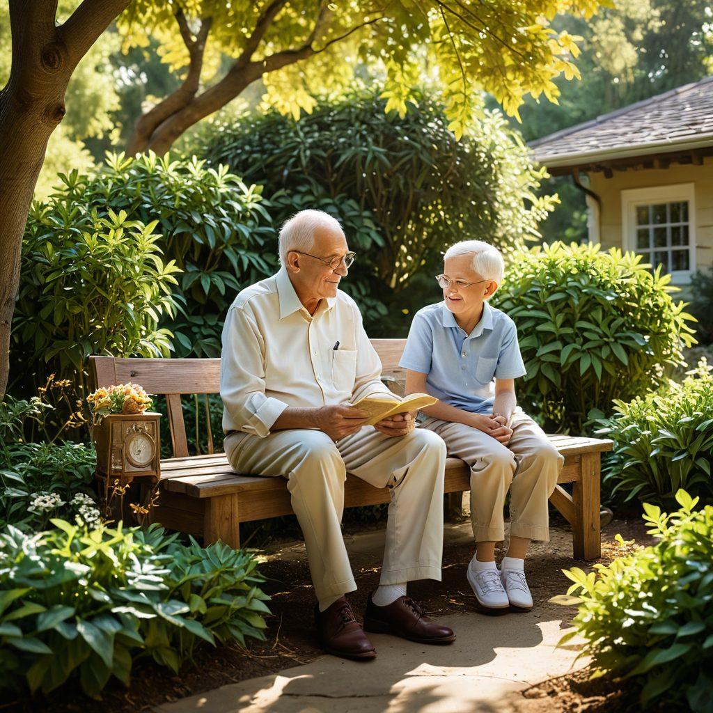 A warm and inviting scene showcasing a grandfather and grandchild sharing a heartfelt moment in a sunlit garden, surrounded by family photos and memorabilia that symbolize love and legacy. The grandfather is telling stories, and the grandchild is listening intently, with a gentle breeze rustling the leaves around them. Emphasize the bond and generational connection through soft lighting and nostalgic elements. super-realistic. warm colors. gentle atmosphere.